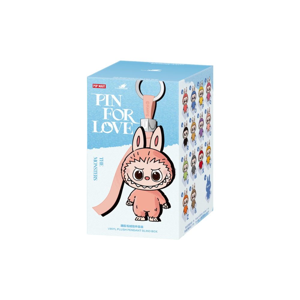 Pop Mart Labubu The Monsters Pine For Love Series Vinyl Plush Pendant Single Blind Box (N-Z) featuring 14 collectible miniature Labubu plush pendants in unique colours, with a 1 in 17 chance to find the rare Secret Edition.